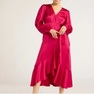 NWT Hot Pink Faux Wrap Evening Dress Ruffle Hem Medium